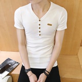 夏季最潮流t恤男短袖V领纯棉弹力修身青年韩版帅气男人纯色上衣服