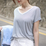 韩版夏季新品拼接细条纹V领短袖女T恤大码宽松打底衫全棉显瘦上衣