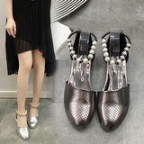 2016夏季新款韩版珍珠学生罗马包头平底凉鞋女鞋浅口平跟圆头单鞋