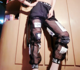 欧美新款DS女歌手酒吧DJ舞台演出服时尚嘻哈大气印章黑色网格长裤