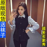 2016秋装新款韩版女式灯笼袖拼接马甲假两件长袖衬衫收腰上衣外套