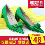 绿色尖头高跟鞋 粗跟浅口单鞋 韩版女式中跟小皮鞋蝴蝶结性感女鞋
