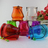 彩色双耳吊瓶水培瓶悬挂玻璃瓶鱼缸插花瓶花瓶彩色插花玻璃瓶铁丝