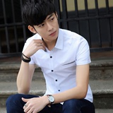 衬衫男士短袖修身韩版青少年休闲夏季纯棉纯色英伦流行学生白衬衣