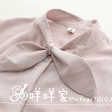 紫鸢尾。韩国简约兔耳朵打结立领蝴蝶结纯色棉麻长袖打底上衣衬衫