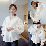 包邮2016韩国新品纯棉宽松灯笼长袖衬衫女OL时尚泡泡袖休闲白衬衣