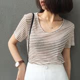 2016夏装新款大领口细横条纹修身短袖T恤女韩版简单百搭体恤
