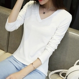 2016秋季新款韩版V领白色长袖T恤女学生纯棉修身百搭打底衫上衣