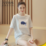 韩国夏季新款时尚鲸鱼印花圆领条纹纯棉短袖孕妇T恤中长款孕上衣
