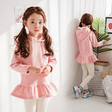 韩版女童卫衣春秋新款粉色甜美荷叶边裙摆中大童上衣连帽儿童外套