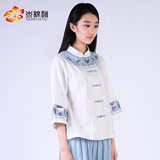 木棉道夏季新品改良中国风立领上衣短袖国学服提花棉麻女装18403
