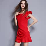 欧美2016夏季新款修身显瘦红色荷叶边袖短裙不规则鱼尾摆连衣裙女