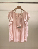 韩国代购2016夏季新款荷叶袖V领上衣女 褶皱宽松显瘦粉色雪纺衫潮