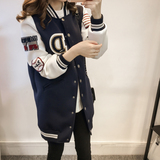 小V家 2016春秋新款韩版太空棉棒球服女装字母中长款夹克开衫外套