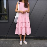 2016夏装新款韩国时尚气质无袖粉色背心连衣裙蛋糕裙长裙少女