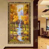 欧式手绘油画中式玄关客厅山水风景装饰画竖版走廊过道风水挂壁画