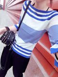 2016夏装新款 韩版七分袖一字领拼色条纹针织衫套头女上衣