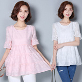 2016夏装新款 韩版 中长款甜美短袖显瘦雪纺衫 宽松大码蕾丝上衣