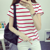 夏季红白细横条纹修身短袖T恤女衫学院风半袖韩版休闲上衣显胸潮