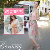 韩国2016夏季新款波西米亚印花雪纺吊带连衣裙海边度假长裙沙滩裙