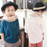 2016春装韩版中小男童亚麻衬衫上衣 2-3-4岁宝宝棉麻长袖纯色衬衣