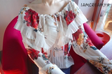 韩国东大门代购 女王气场百褶披肩复古花朵上衣衬衫喇叭袖雪纺衫