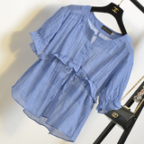 韩国夏季女装小清新宽松收腰系带衬衣短袖V领套头娃娃衫棉麻上衣