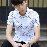 夏季短袖衬衫男士2016新款韩版修身格子寸衫青年学生休闲半袖衬衣