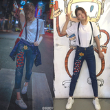 倪妮同款刺绣背带裤女 韩版夏季显瘦纯棉t恤+牛仔裤套装女两件套
