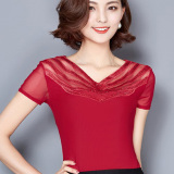 网纱短袖T恤女夏季韩版大码蕾丝拼接修身半袖女上衣透视镂空小衫