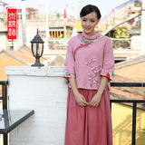 木棉道春夏中式女士唐装中长袖上衣手绘棉麻拼色民族风女装18304
