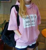 连帽套头卫衣女薄款夏 韩版宽松学生短袖 粉色字母印花韩国潮t恤