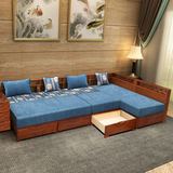 实木沙发组合水曲柳推拉两用沙发床抽屉储物现代中式简约客厅家具