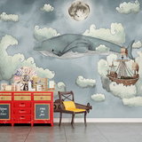 欧式卡通手绘儿童房壁纸复古男孩卧室环保壁画3D海底世界鲸鱼墙纸