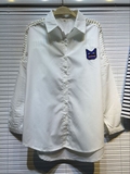 J54时尚春夏新款白色衬衫 卡通刺绣贴布镂空长袖不对称上衣女0.21