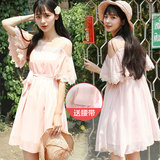 孕妇装夏季韩国时尚露肩短袖中长款蕾丝雪纺粉色连衣裙夏天娃娃裙