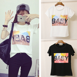 Bigbang权志龙GD湖南 跨年同款baby字母白色短袖t恤女夏体恤印花