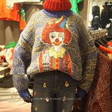 韩国东大门2016秋冬新品时尚圆领小丑图案宽松保暖针织套头毛衣女