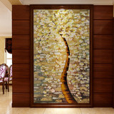 3D立体竖版进门壁纸酒店客厅电视背景过道走廊玄关发财树无缝壁画