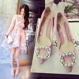 韩国甜美粉红色珍珠方扣高跟鞋细跟性感水钻尖头单鞋浅口漆皮女鞋