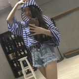 【YUMI】春夏季女装韩版学生宽松针织条纹t恤女连帽长袖上衣女潮