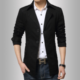2016春季青年男士风衣中长款韩版西装领纯色薄款男装修身型外套潮