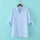 HF32夏季小清新蓝白竖条纹衬衫女 韩范宽松五分喇叭袖系带衬衣夏