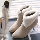 2016冬新款韩版真皮高跟短靴细跟加绒马丁及裸靴尖头羊羔毛棉靴女