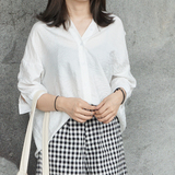 2016韩版棉麻开衫女 夏季宽松防晒衫纯色七分袖中长款外套衬衣白