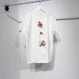 RAYSHOW男装2016后背3D花卉印花 纯棉圆领修身半截袖短袖T恤男潮