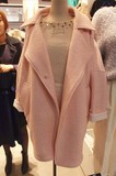 韩国代购2016春装新款呢大衣女甜美裸粉色宽松长袖毛呢外套中长款