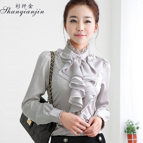 女新款秋冬职业面试修身长袖衬衣蕾丝立领双层