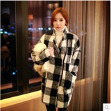 毛呢外套女 2015冬季新款韩版中长款加厚黑白格子羊毛呢子大衣