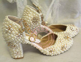 大小码水晶新娘婚鞋礼服中跟单鞋粗跟一字扣绑带圆头水钻珍珠白色